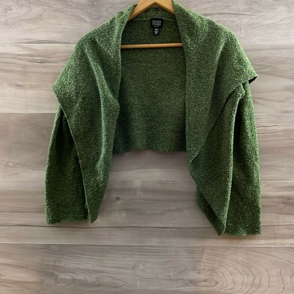Eileen Fisher Sweaters - Eileen Fisher Womens Green Wool Nylon Bouclè Open Front Cropped Sweater Size S